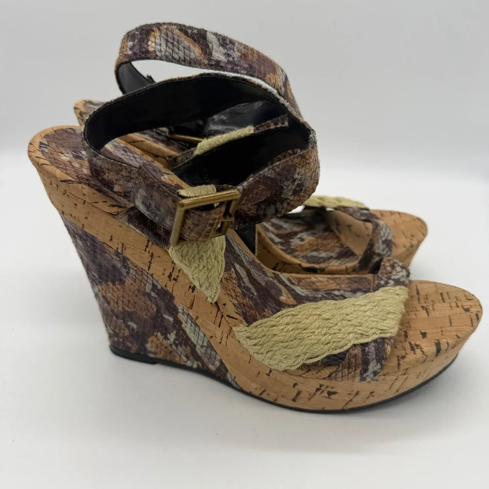 Michael Antonio Snakeskin Cork Platform Wedge Sandals Brown Tan 8